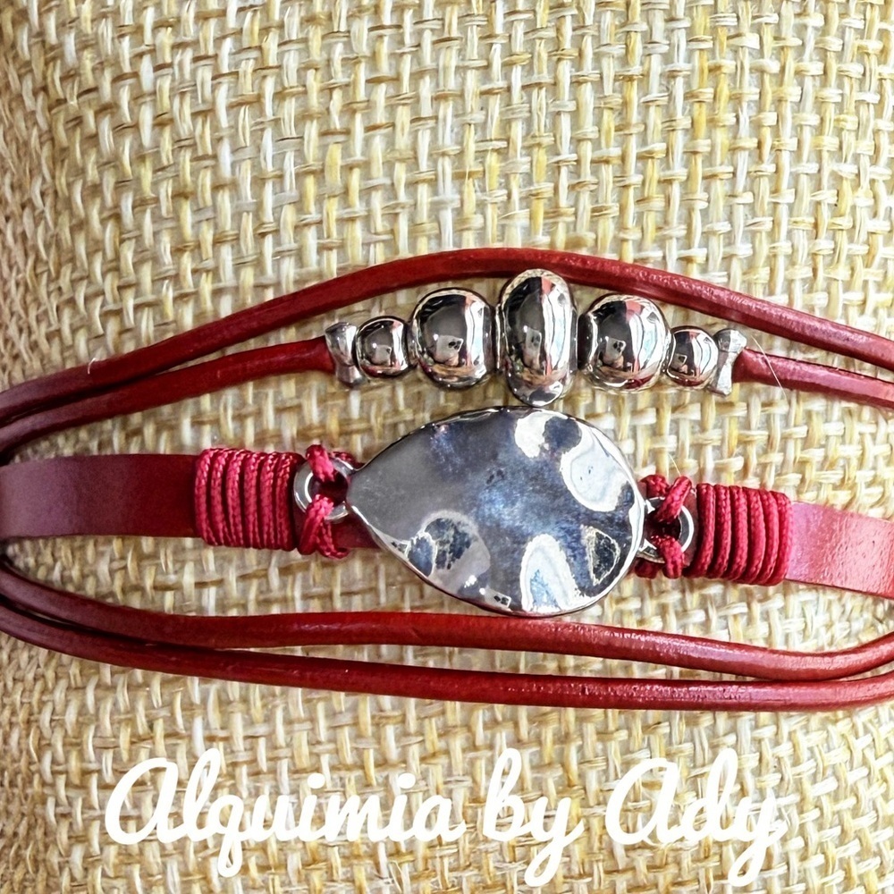Cherry Red leather silver statement bracelet